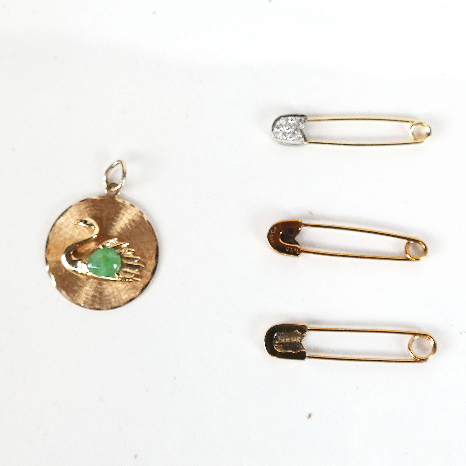 14K Safety Pins & Jade Medallion Pendant (1 of 10)