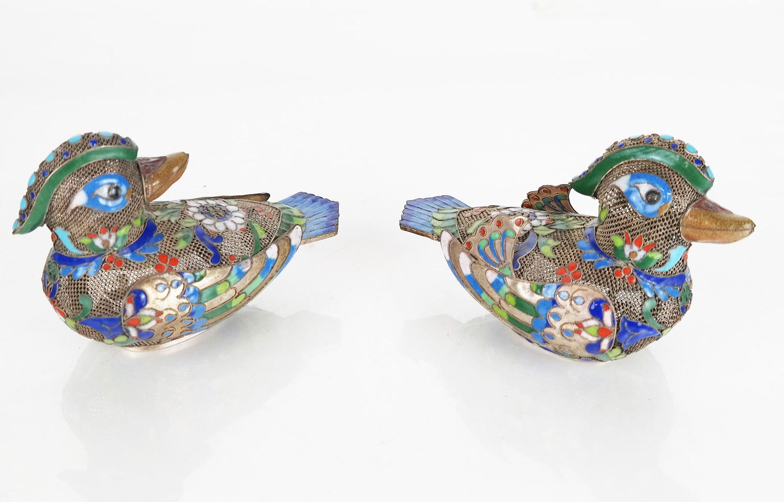 Pair of Asian Enamel & Brass Mesh Ducks (1 of 9)