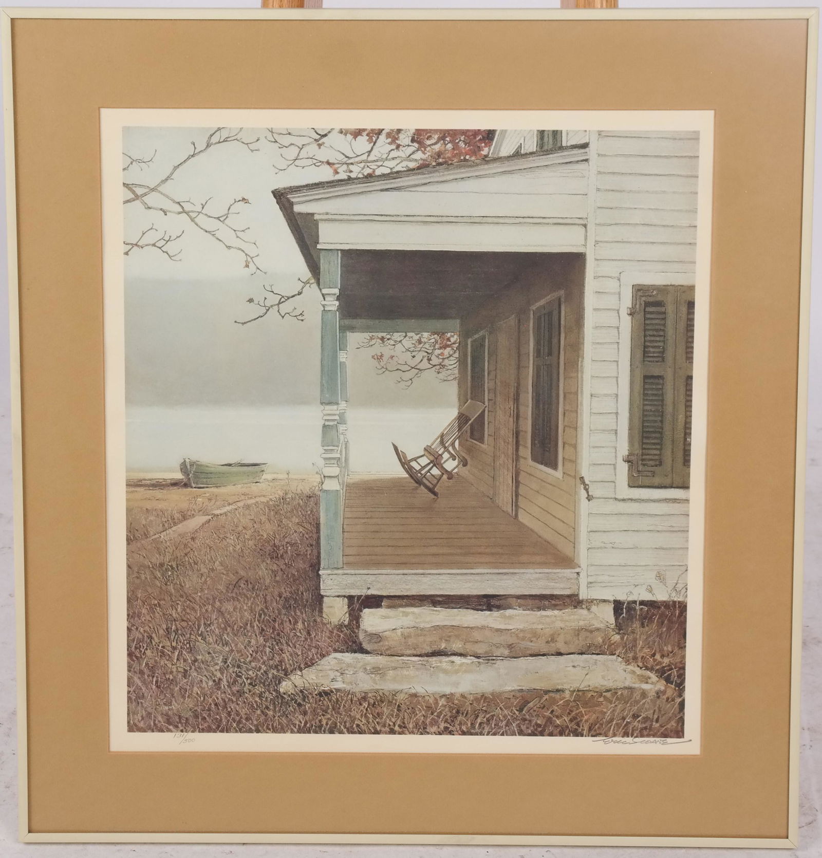 Eric SLOANE: "The Front Porch" - Lithograph: Eric Sloane (Amer. 1905-1985) framed, color lithograph titled "The Front Porch". Signed lower right and numbered lower left 131/500. [Art: 18" H x 16 1/4" W; Frame: 23 1/4" H x 21 3/4" W x 3/4" D]. In