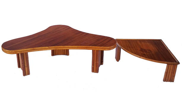 Two Paul Frankl-Style Bamboo Low Tables: Two Paul Frankl-style bamboo low tables, one "boomerang"-style [14 1/2" H x 51" W x 30" D], the other a corner table [11" H x 24 1/2" W x 24 1/4" D]. Scratches; stains; wear.