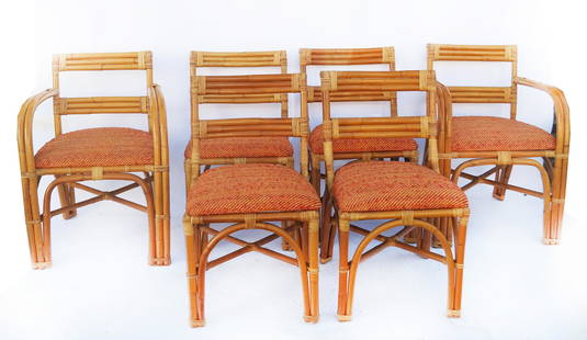 6 Paul Frankl-Style Rattan Dining Chairs: Set of 6 mid-century Paul Frankl-style rattan dining chairs, comprising 4 arm chairs and 2 side chairs, upholstered in an orange tweedy fabric. [Arm chair: 32" H x 24" W x 15" D]. In good condition.