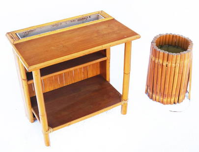 Paul Frankl-Style Planter Table & Waste Basket: Mid-century Paul Frankl-style bamboo table with metal insert planter and waste basket with metal liner. [Table: 22" H x 23" W x 15" D; Basket: 15" H x 11" Diam.]. Wear as with age; waste basket with l