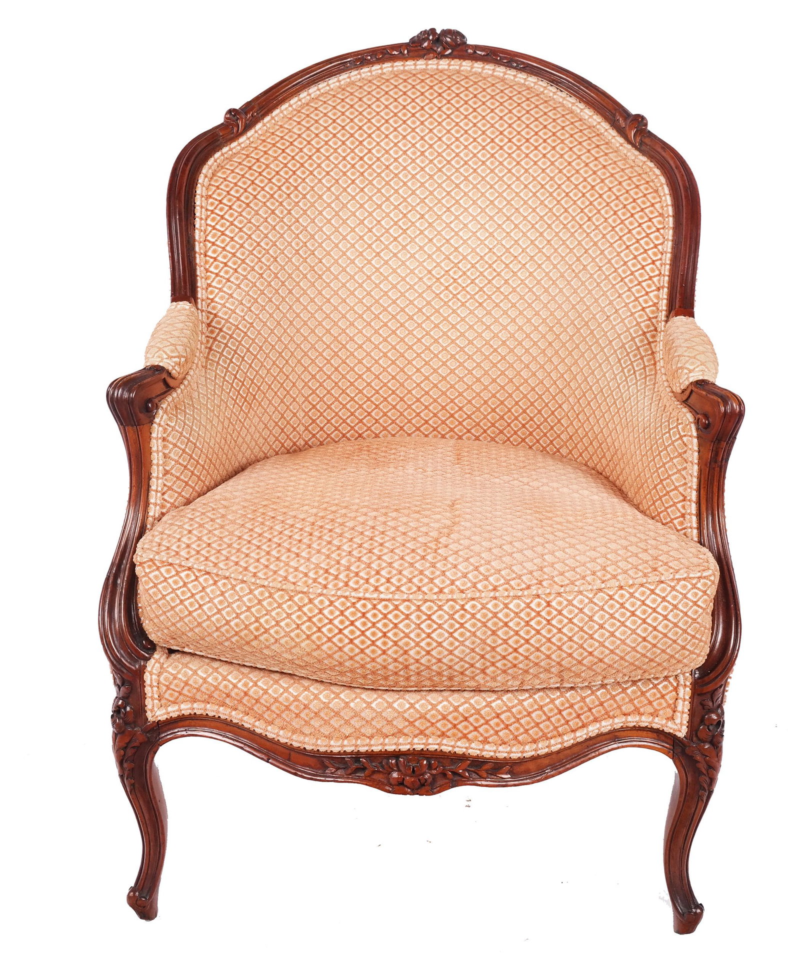 Antique French Bergere: Antique French bergere with carved frame and all around upholstery with down cushion seat. Finely carved rose crest and knees. 19th century. Provenance: Estate of Florence and Herbert Irving. [36" H x