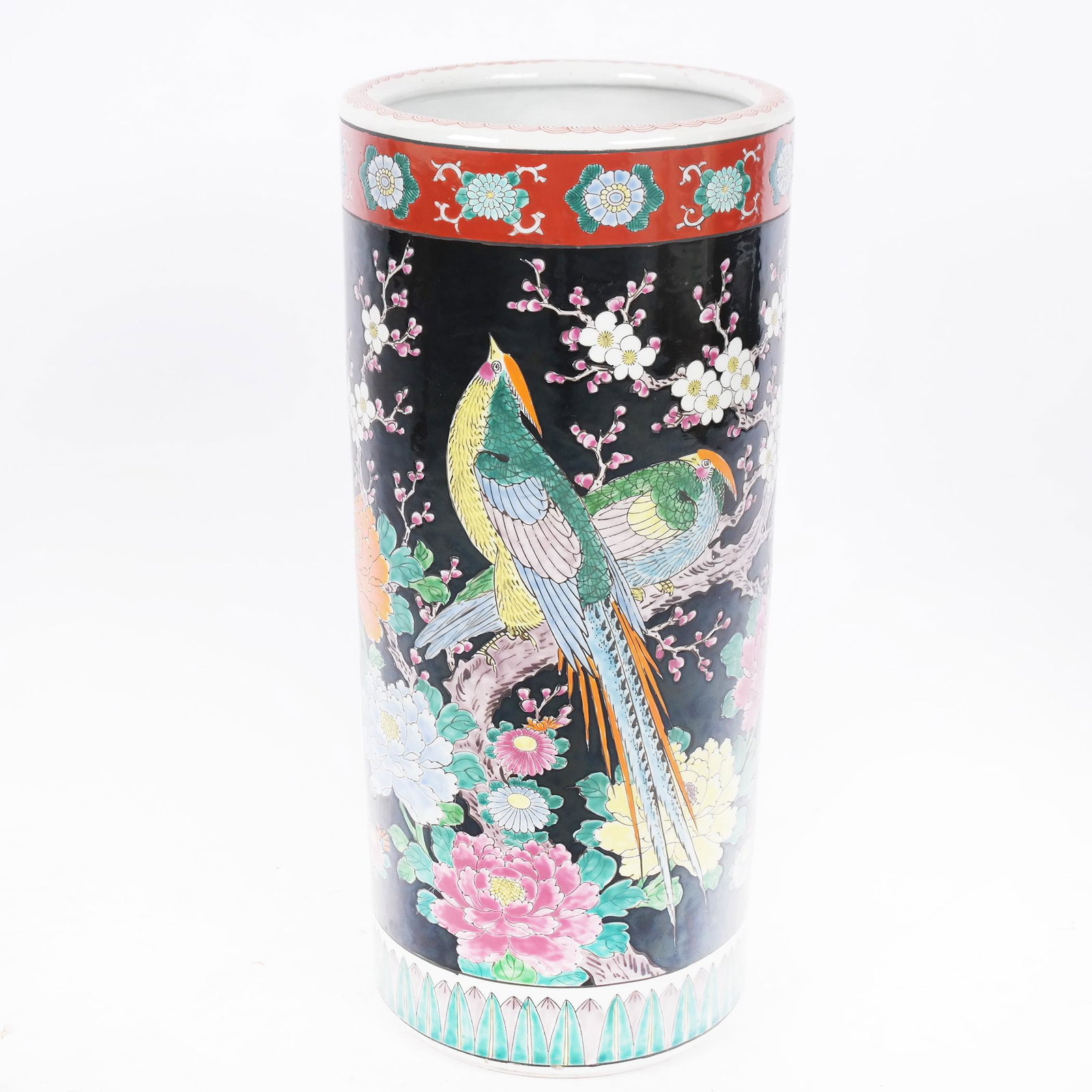 Chinese Famille Noir Porcelain Umbrella Stand: Chinese porcelain famille noir umbrella stand, circa 1900. [19" H x 8 1/2" Diam.]. In good condition.
