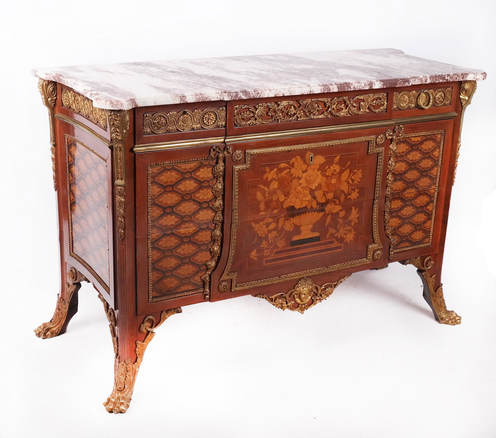 Louis VX-Style Marble Top Commode: Marble top over ornate bronze mounted three drawer commode, with lower parquetry inlaid fronts and bronze paw feet. [35" H x 53" W x 22" D]. In good condition.