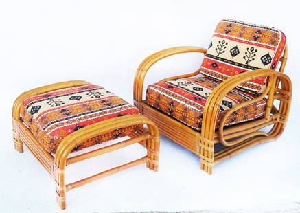 Vintage Paul Frankl-Style Rattan Chair & Ottoman: Mid-century Paul Frankl-style rattan chair and ottoman, upholstered in a Southwest pattern cotton fabric. Could pair with Lot 224. [Chair: 27" H x 28" W x 30" D; Ottoman: 14" H x 19" W x 21 1/2" D].