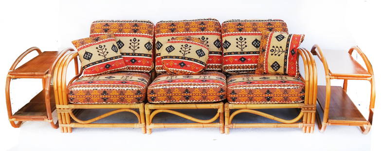 Vintage Paul Frankl-Style Rattan Settee & Tables: Mid-century Paul Frankl-style 3-seat sofa and a pair of sculptural end tables, the sofa upholstered in a Southwest pattern cotton fabric. Could pair with Lot 223. [Sofa: 27 1/2" H x 75" W x 32" W; Tab