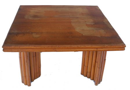 Vintage Paul Frankl-Style Bamboo Low Table: Mid-century Paul Frankl-style low / coffee table. [16 1/2" H x 30 1/2" W x 30 1/2" D]. Top with stains and wear.