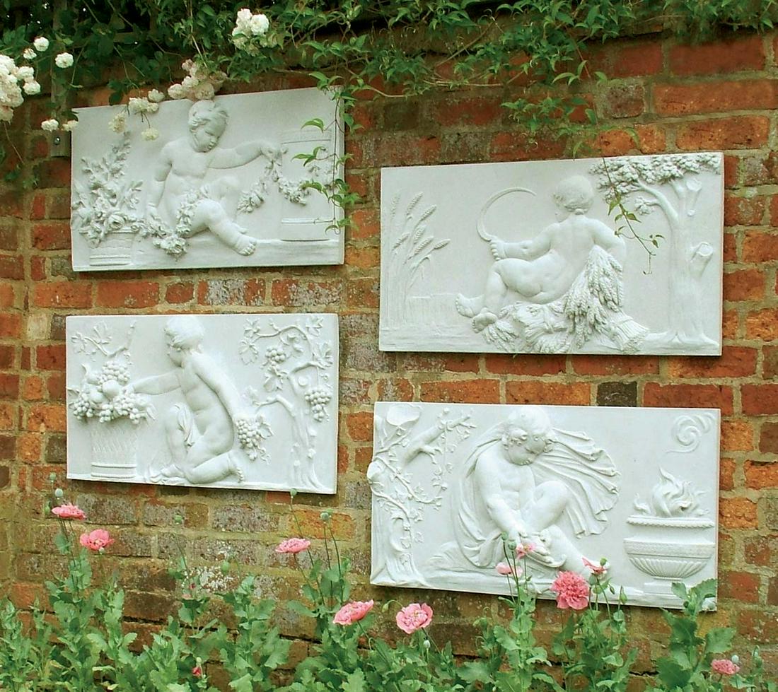 Haddonstone Seasons Plaques: Haddonstone winter spring Seasons Plaques. Replicas of a Coade Stone original, the exclusive Seasons Plaques depict putti with their seasonal attributes: garlands of flowers; sheaves of corn; cornucop