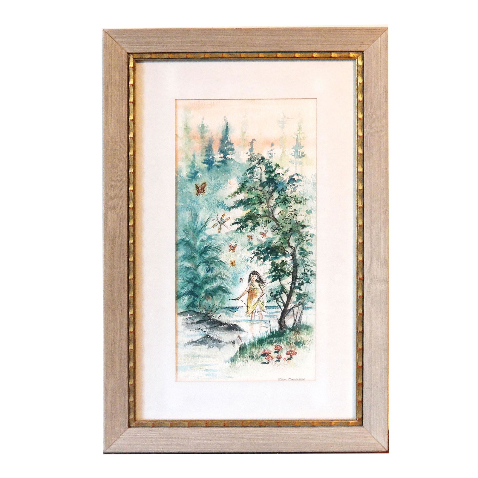 Joan DRESCHER: Girl in a Landscape - Painting: Joan Drescher framed painting of a girl in a landscape. Signed lower right. Provenance: Estate of Florence and Herbert Irving. [Art: 13 1/2" H x 6 1/4" W; Frame: 20 1/2" H x 13 1/2" W].