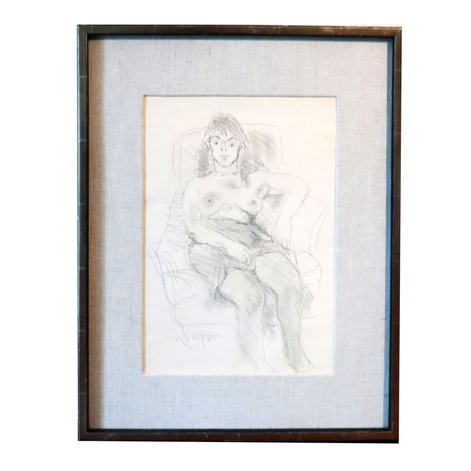 Moses SOYER: Seated Nude Woman - Drawing: Moses Soyer (Amer. 1899-1974), drawing of a seated nude woman. Signed lower left. Provenance: Estate of Florence and Herbert Irving. [Art: 13 1/2" H x 9 1/2" W; Frame: 20 1/2" H x 16 1/2" W].