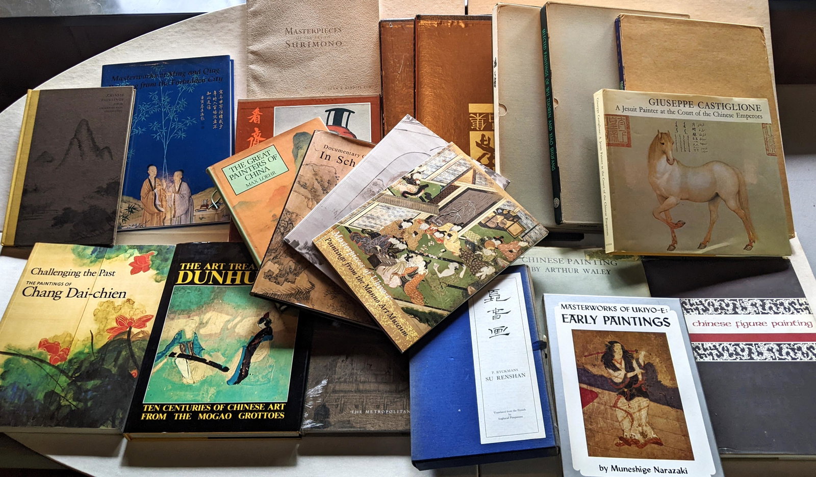 Lot of Books on Chinese & Japanese Paintings - 20+: 20+ lot of books on Chinese and Japanese paintings, including Castiglione, Ch'i Pai-shih, Ukiyo-e, Xu Beihong, etc. Provenance: From the Library of Florence and Herbert Irving.