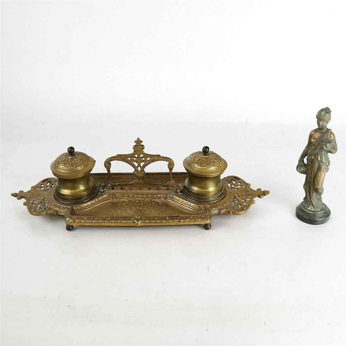 Two Bronze Items: Female Figure, Inkwell (1 of 9)