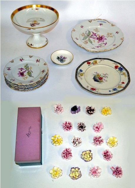 Assorted Porcelain, 12 Piece Total: Royal Copenhagen compote, Bavaria charger with six floral design plates. Limoge floral plate, two finger plates, and a box of orcelain flowers.