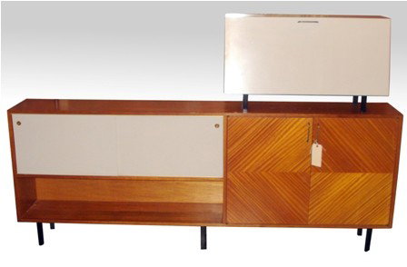 Modern Bar: Modern Swedish style bar/credenza with two doors. Two sliding doors with an upper bar with a drop down door. 84" L x 12" D x 32.5" H