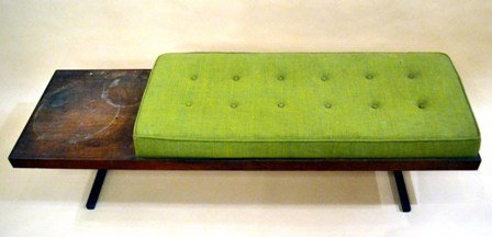 Modern Bench: Herman Miller style bench, having a green center cushion. Good condition. 59.5" L x 13" H (16" H w/ cushion) x 18" D