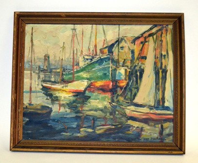 J. Edgar Forkner, 1867-1945 American, Oil on Panel: An oil on panel depicting ships docked in harbor. Signed lower right, J. Edgar Forkner, American. 16" H x 9.5" L