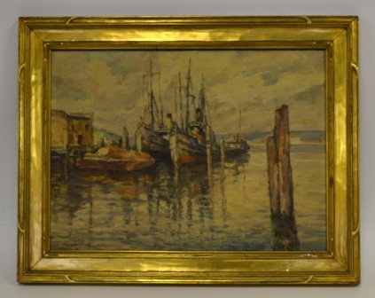 J. Edgar Forkner, 1867-1945, Oil on Panel: An oil on panel depicting a ship docked in harbor. Signed lower left, J. Edgar Forkener. 12" H x 17" L. American.