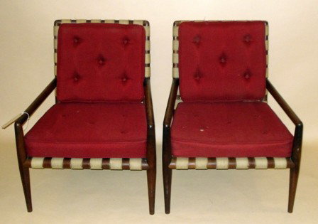 T.H. Robsjohn Gibbons for Widdicomb Arm Chairs: Pair of modern birch armchairs, having two red upholstered slip seats and backs. 30.5" H (backs) x 22" L