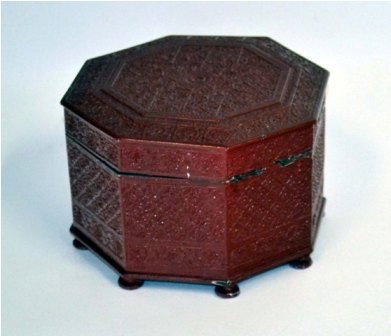 Cinnabar Red Box: Octagonal red incised footed box, cinnabar. Good condition.