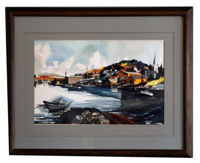 Laurence Sisson, Watercolor 1963: Framed watercolor ships in a canal along with houses, signed Laurence Sisson, 1963. 12" H x 19" L (art) 23" x 28" Frame