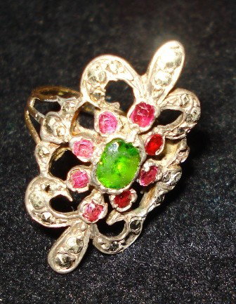 14K and Sterling Ring Set: With marcasites, rubies, and green stone. 2.4 DWT Good condition