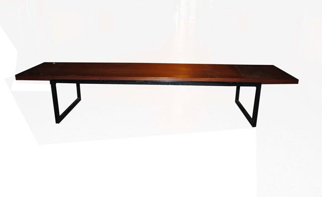 Modern Bench: A black metal and wood top bench, in the Herman Miller manner. 75.5"L x 13.5"H x 20.5"D