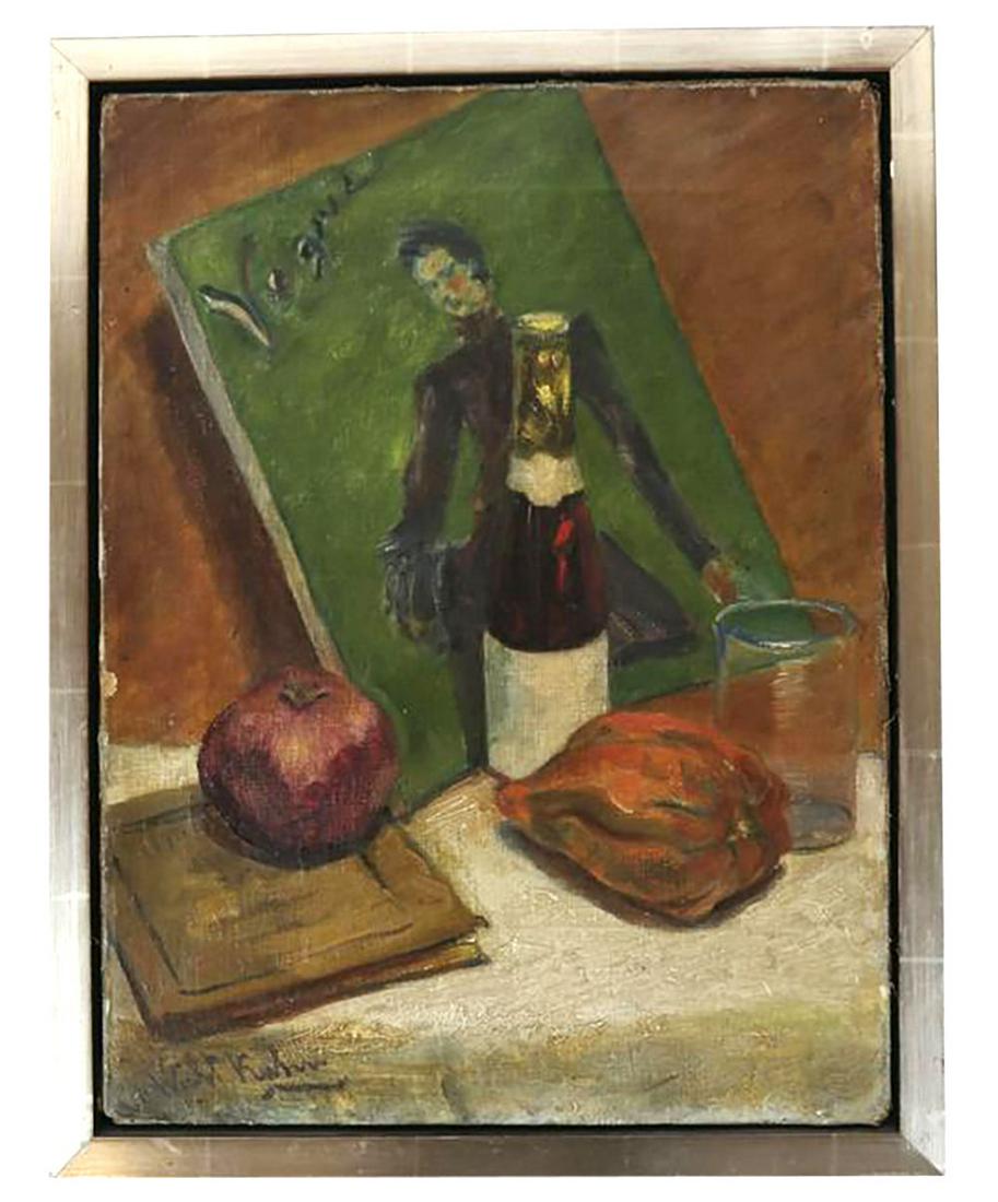 Walt KUHN: Still Life W/ Fruit and Vogue - O/C: Walt Kuhn (American, 1877-1949) framed oil on canvas of a still life with fruit, wine and a copy of Vogue magazine, signed "Walt Kuhn" lower left. Provenance: From a Boston, MA estate. [Art: 16" H x 1