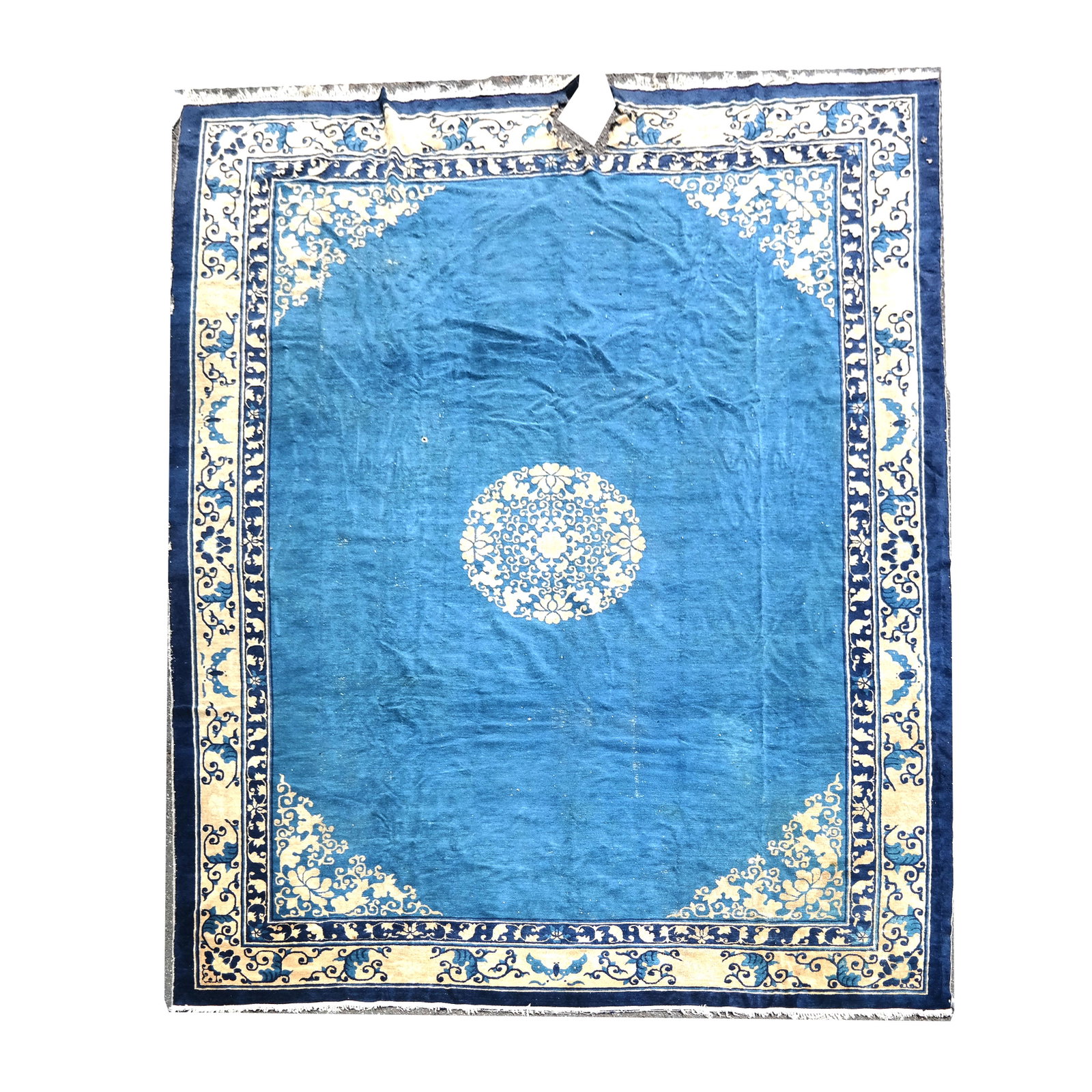 Chinese Peking Carpet: Chinese Peking rug, circa 1880. [10' 2" x 13' 4"]. Heavily worn areas; border damaged; approx. 1 square foot missing. Needs restoration.