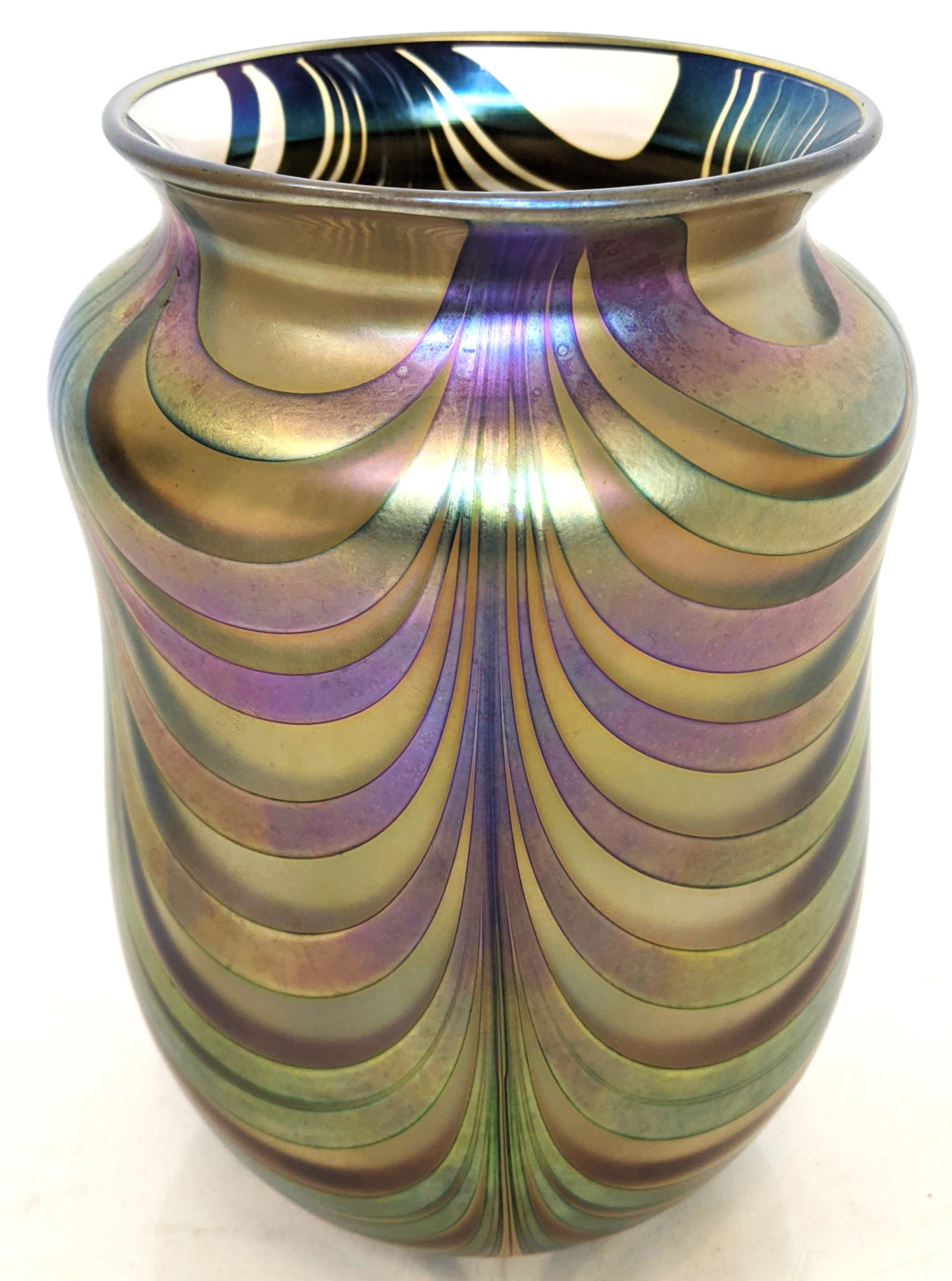 Charles Lotton 20th C. Art Glass Vase, 1989: Charles Lotton (American, 1935-2021) art glass iridescent vase, signed and dated. [8 1/2" H x 5" Diam.]. In good condition. Small imperfections on one spot - see photos.