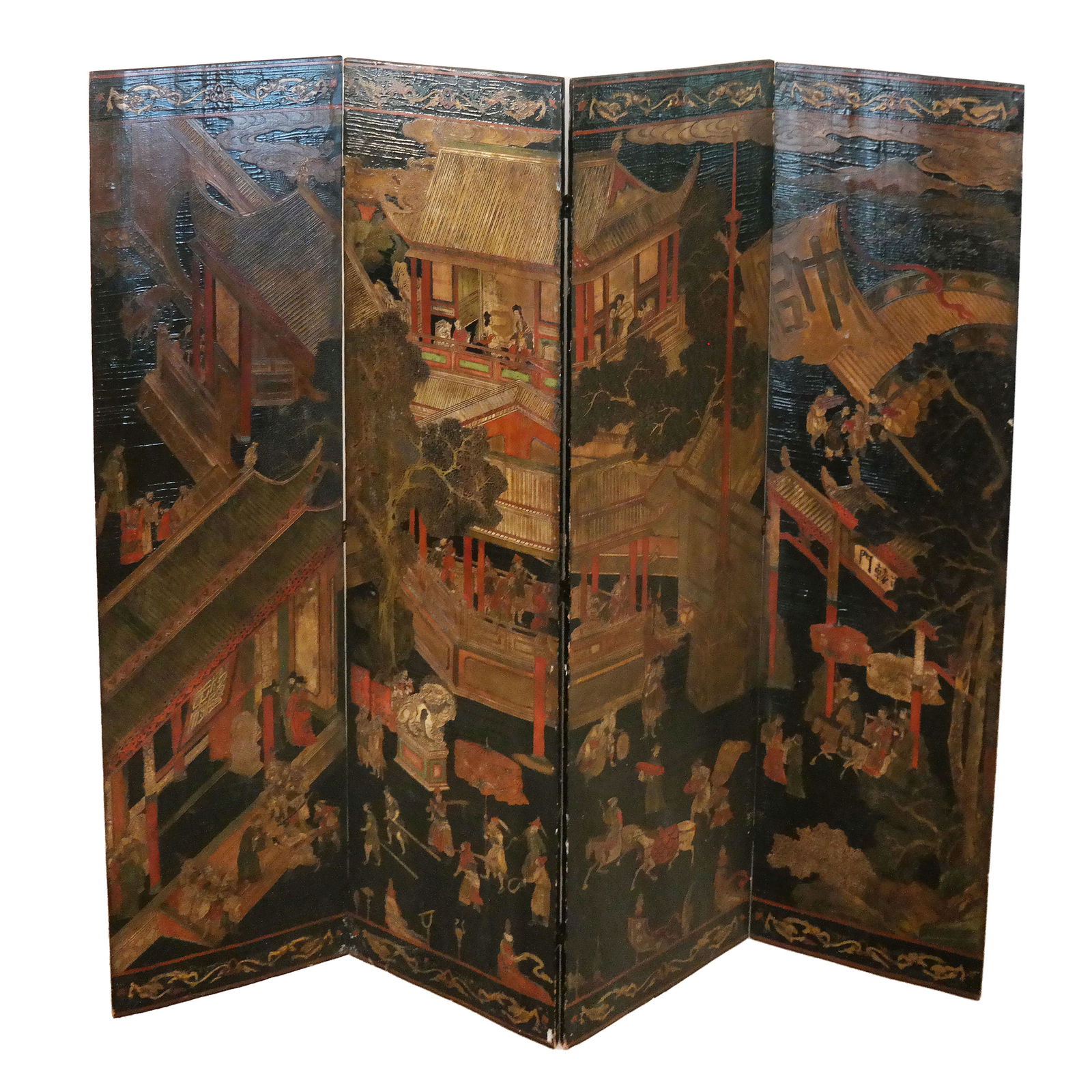 Chinese Incised Decorated 4-Fold Screen (1 of 14)