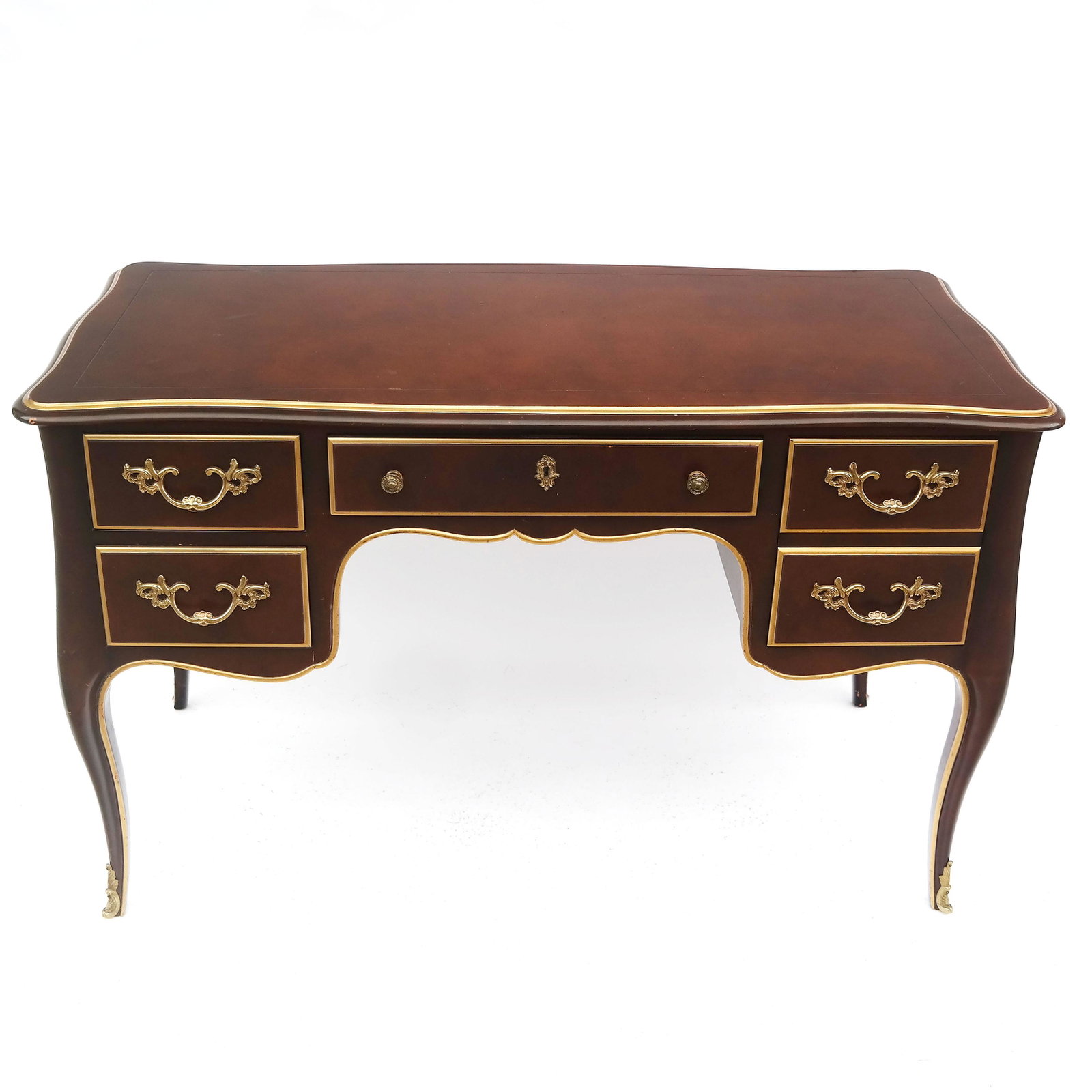 Kindel Decorated Faux Leather Top Desk: Kindel decorated faux leather top desk. [30 1/2" H x 48" W x 22" D]. Some scratches.