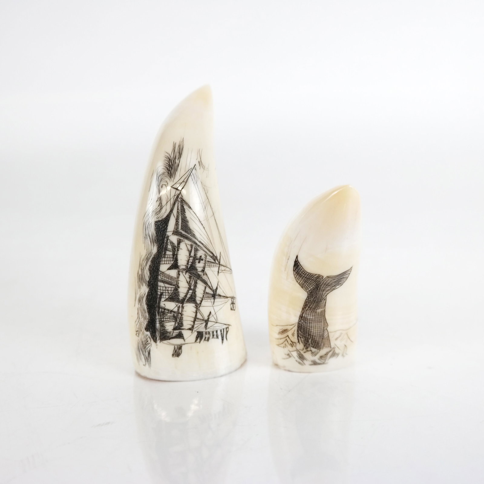 Two Antique Engraved Scrimshaw Sculptures: Two antique 19th century American engraved scrimshaw sperm whale teeth, one carved with an anchor and a whale, the other with a tall sailing ship. [Larger: 3 1/2" L; Smaller: 2 3/4" L]. In good condit
