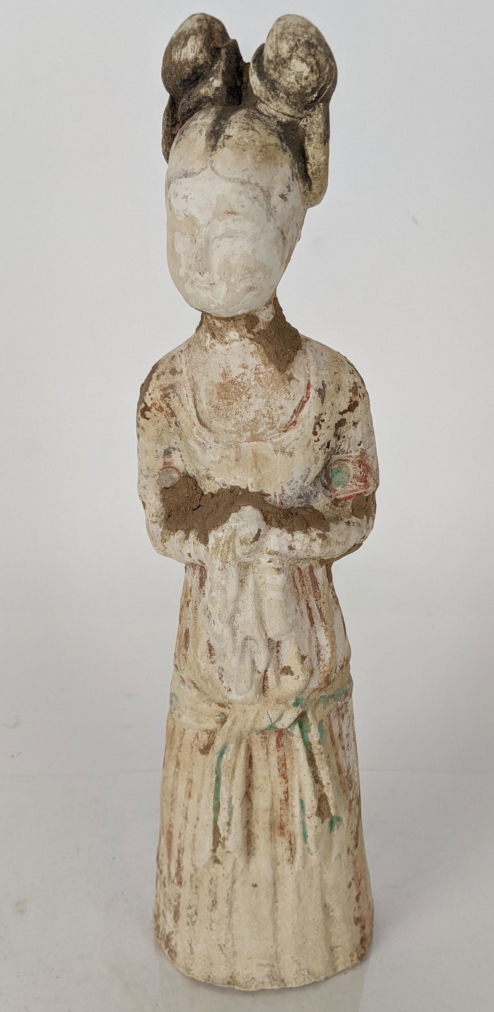 Ancient Chinese Tang Dynasty-Style Female Figure: Ancient Chinese Tang Dynasty-style terra cotta female figure. From the Estate of June Hirsch Jones. [12" H x 3" W x 2" D]. In good condition as with age.