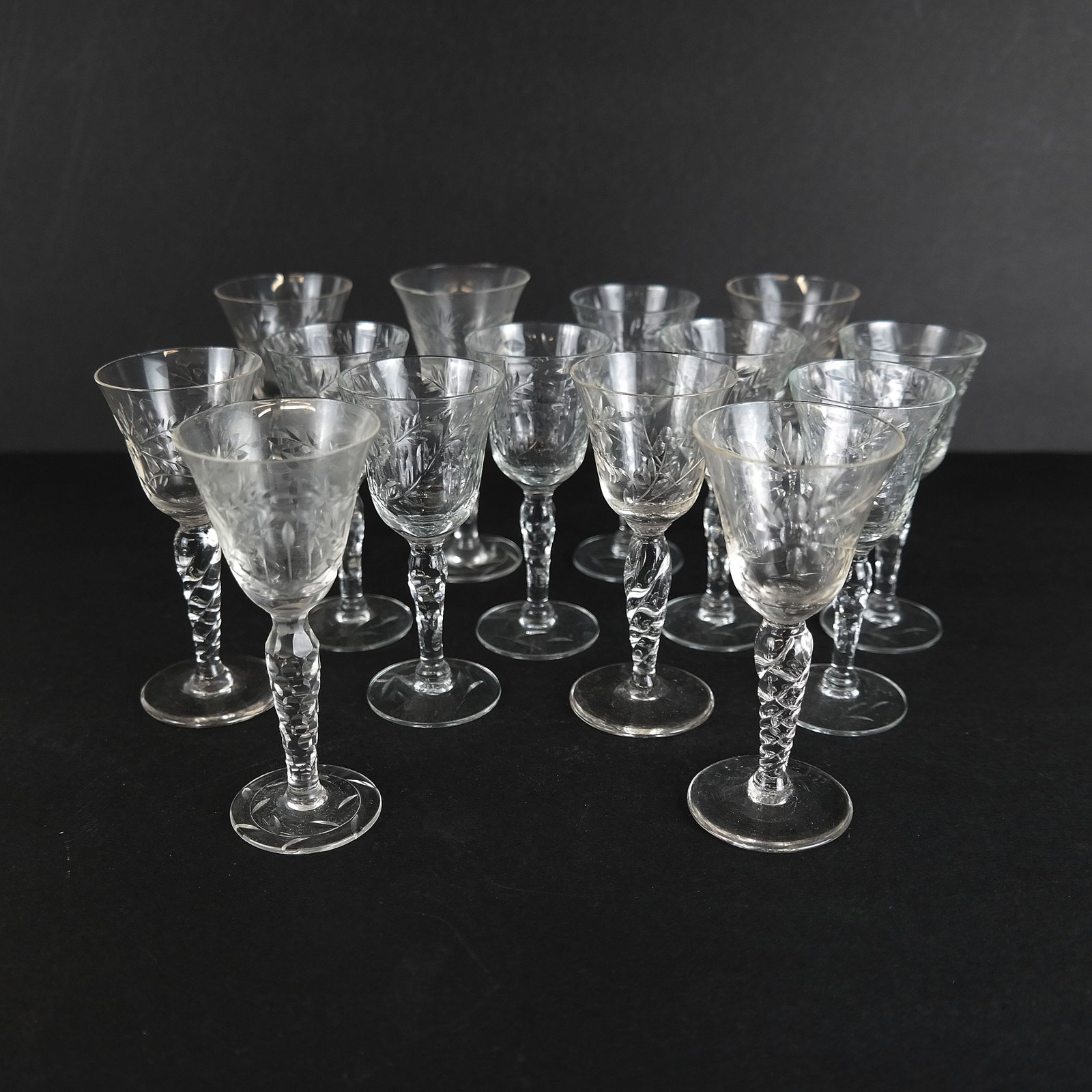 Crystal Shot Glasses - 16 pcs.: Lot of 16 crystal shot glasses. [4 1/2" H]. Four with small chips.