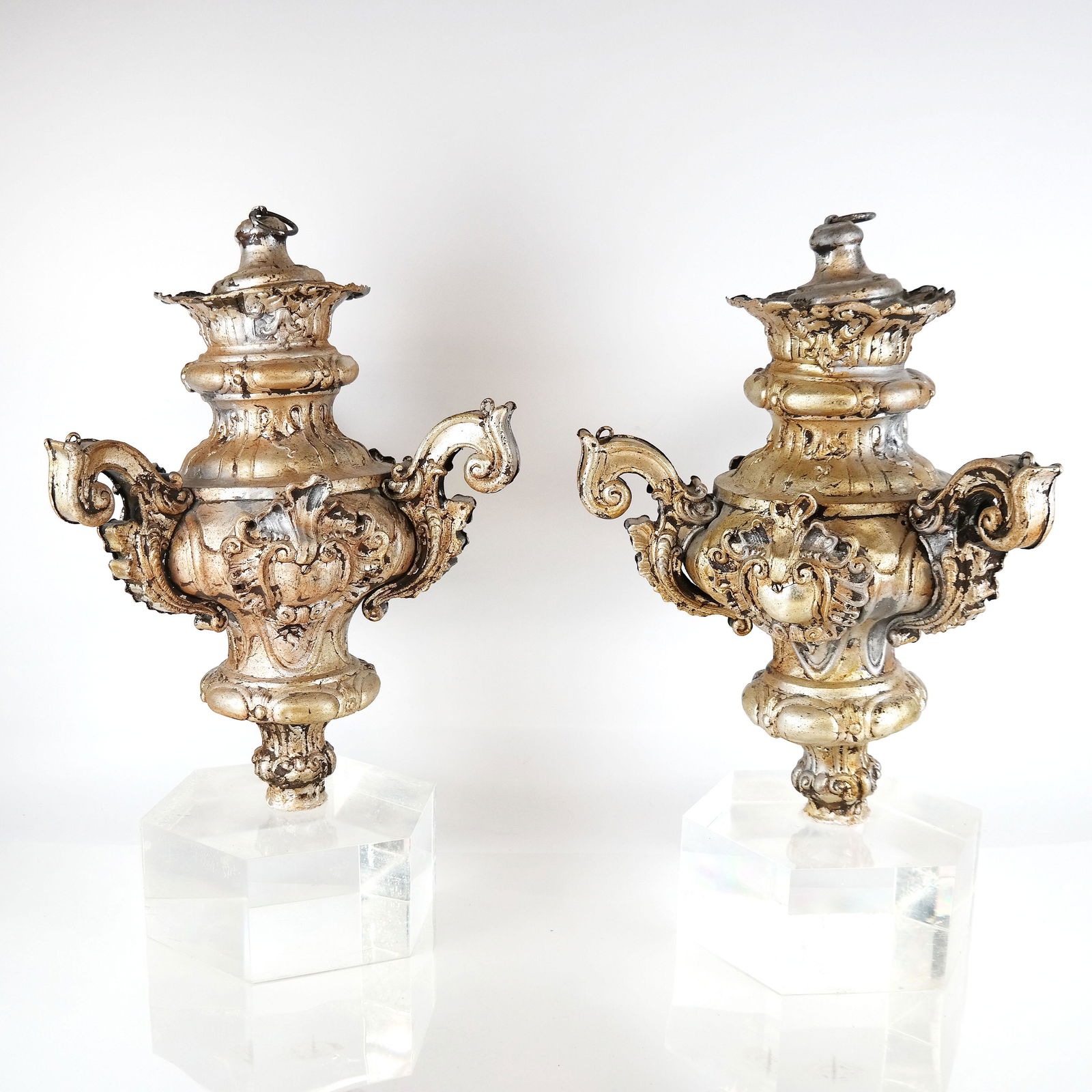 Pair of 20th C. Metal Urns on Lucite Bases (1 of 8)