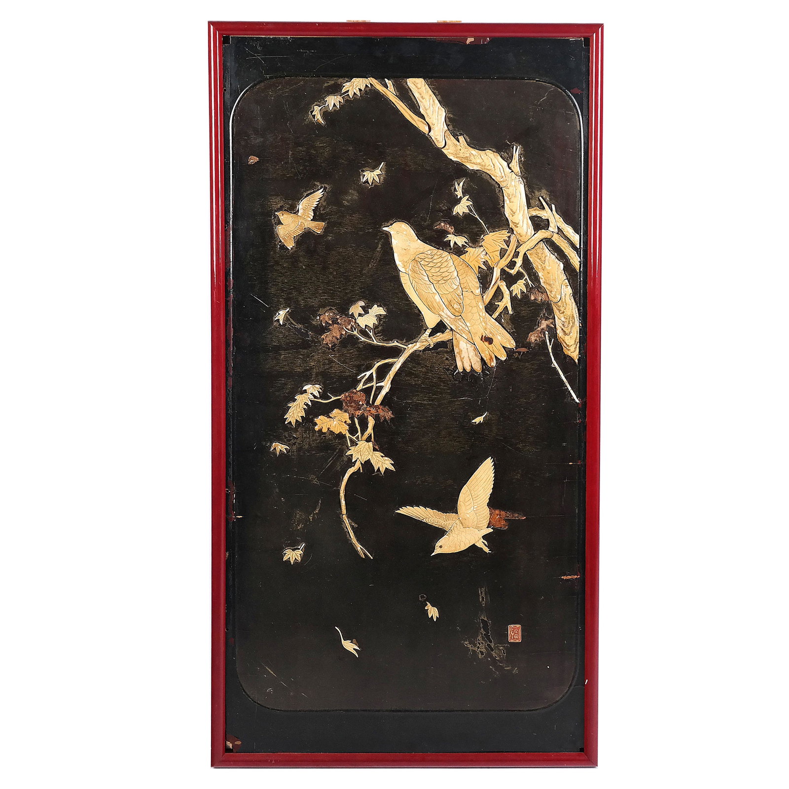 Meiji Chinese Panel: Faux ivory on lacquer panel. [42" H x 22" W]. Losses.