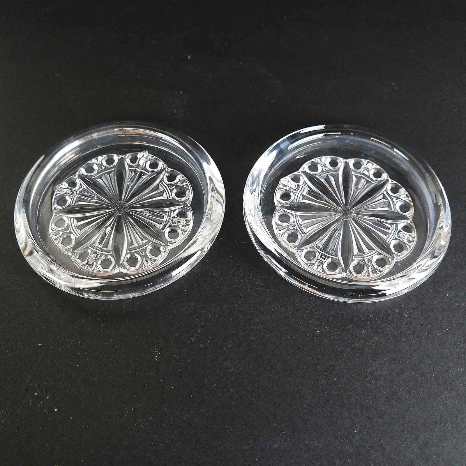 Pair of Baccarat Glass Small Dishes: Pair of Baccarat glass contemporary small dishes, in fitted box. Marked. [5 3/8" Diam.]. In good condition.