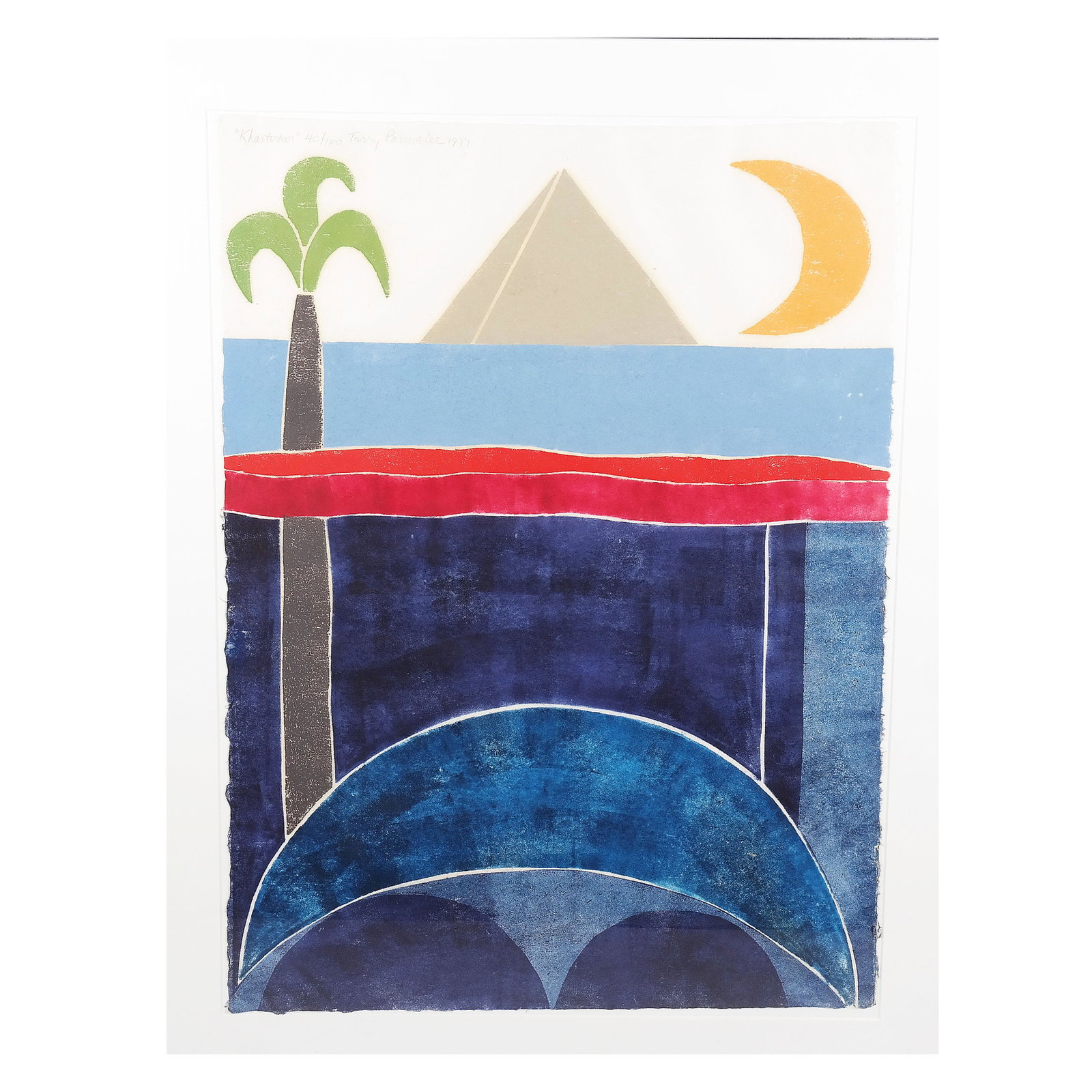 Terry PARMELEE: "Khartoum" - Woodcut: Terry Parmelee (b. 1929) color woodcut on paper of palm tree and pyramid, titled "Khartoum", 1977, pencil signed, numbered 40/100, floated in a metal over wood frame with mat liner under glass. [Sheet