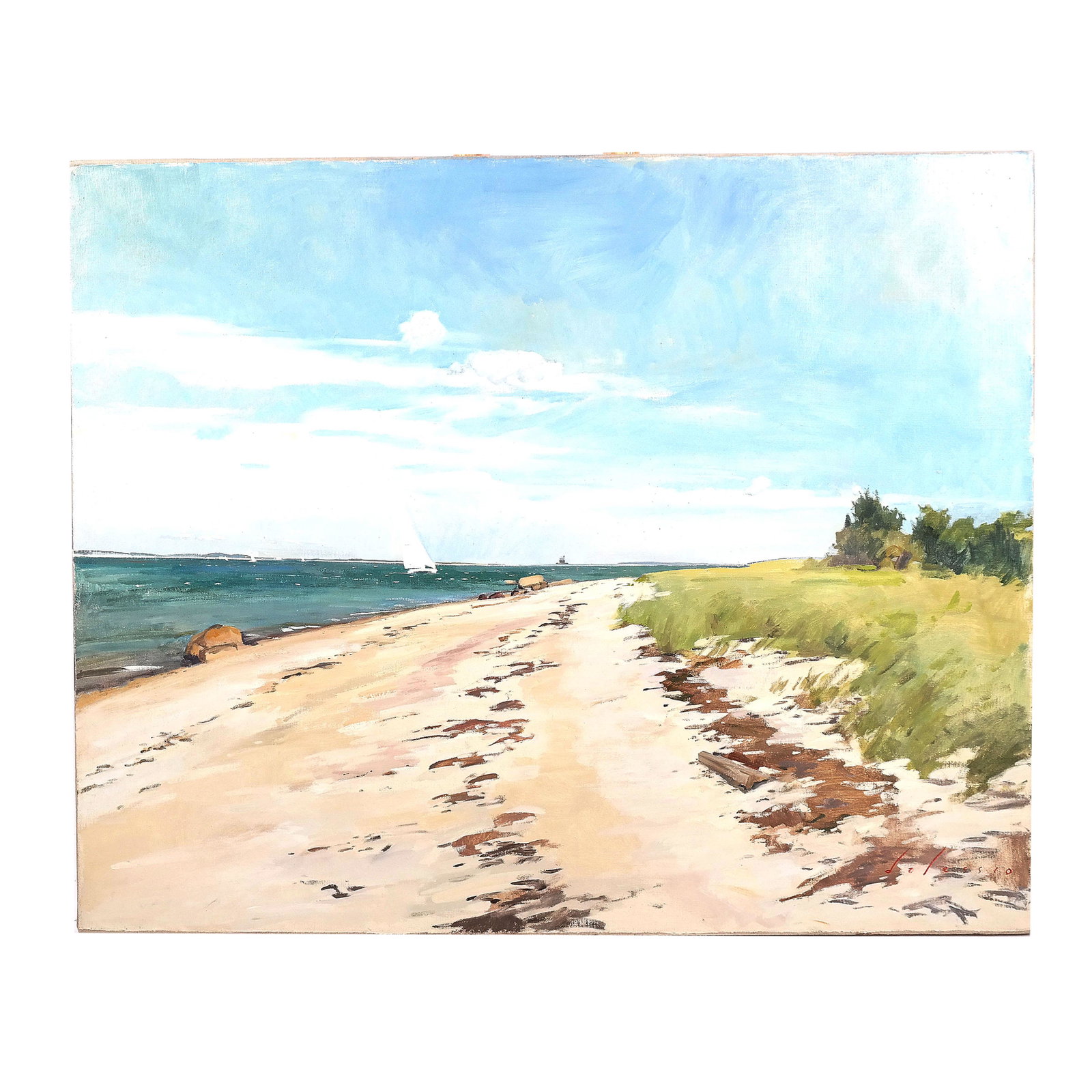 Marc DALESSIO: Coastal Scene - Oil Painting: Marc Dalessio (American, b. 1972) "Sailing, Shelter Island", unframed oil on linen painting of a coastal scene with a beach and sailboats, signed lower right "Dalessio", bearing printed gallery label 