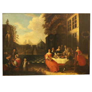 Attrib. Pieter De HOOCH: Courtyard - Oil Painting: 17th century oil on canvas painting of a courtyard scene of a festive gathering around a table with figures enjoying music and seafood, attributed to Pieter de Hooch (Dutch, 1629-1684). Provenance: Ga