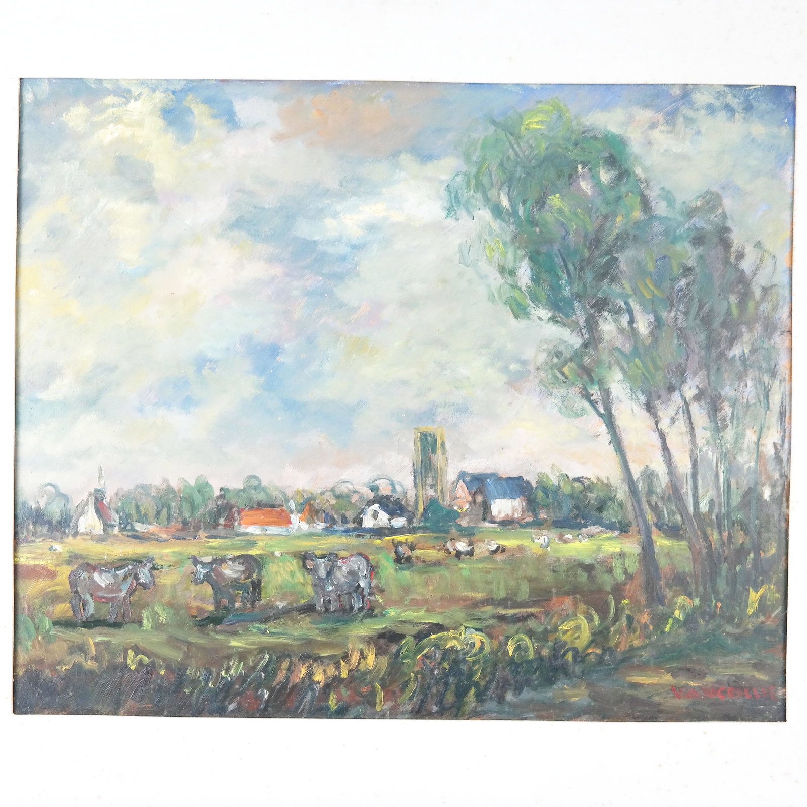 Signed VANCOLLIE: Cows in a Field - Oil Painting: Oil on masonite painting of cows in a field with a village in the distance, signed "Vancollie" lower right. [Sight: 18" H x 22" W; Frame: 25" H x 29" W]. Overall with accretion; foxing to the matting;