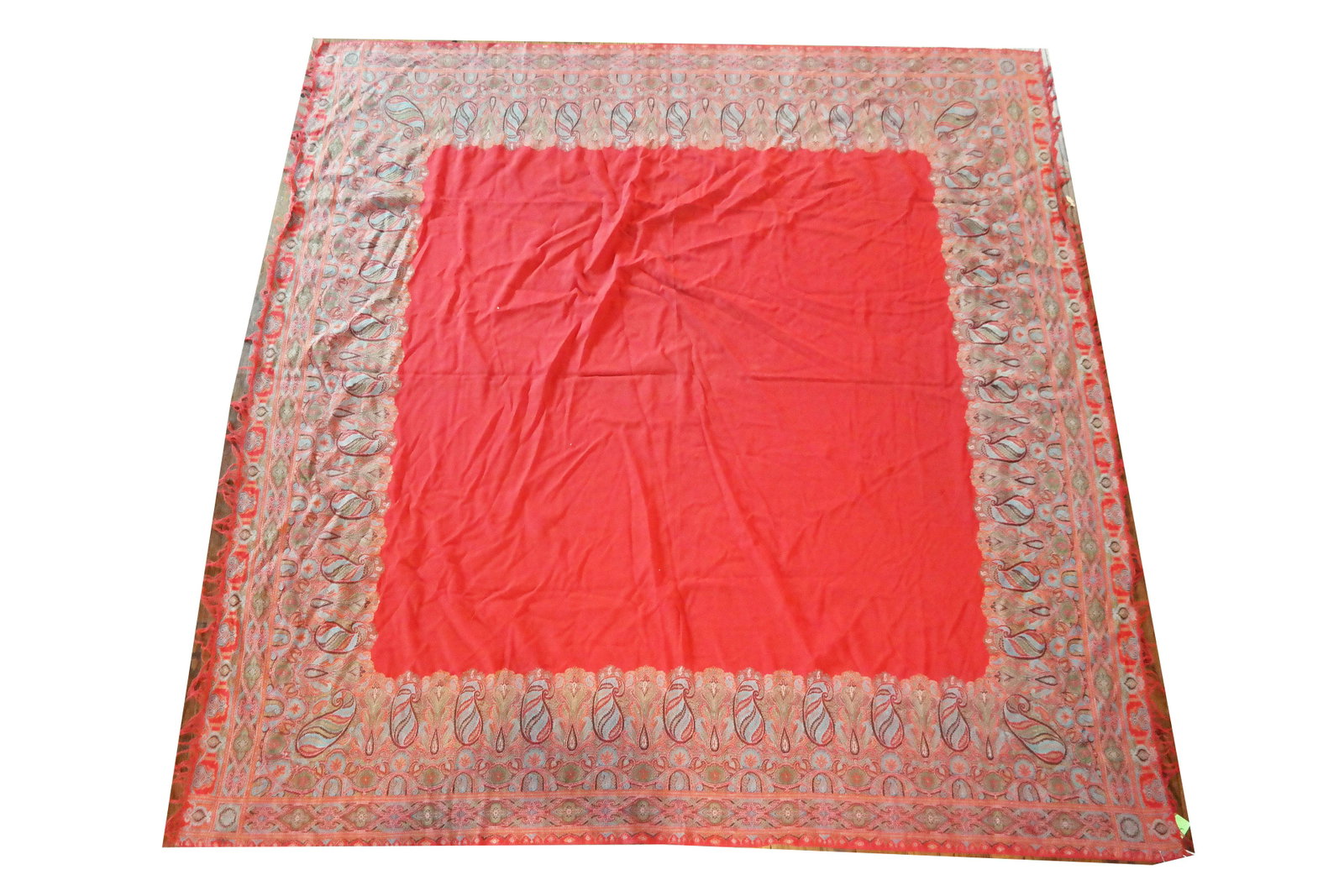 Indian Kashmir Shawl: Indian Kashmir shawl, hand woven in paisley pattern. Circa 1920. Provenance: Estate of Florence and Herbert Irving. [67" H x 64" W]. In good condition.