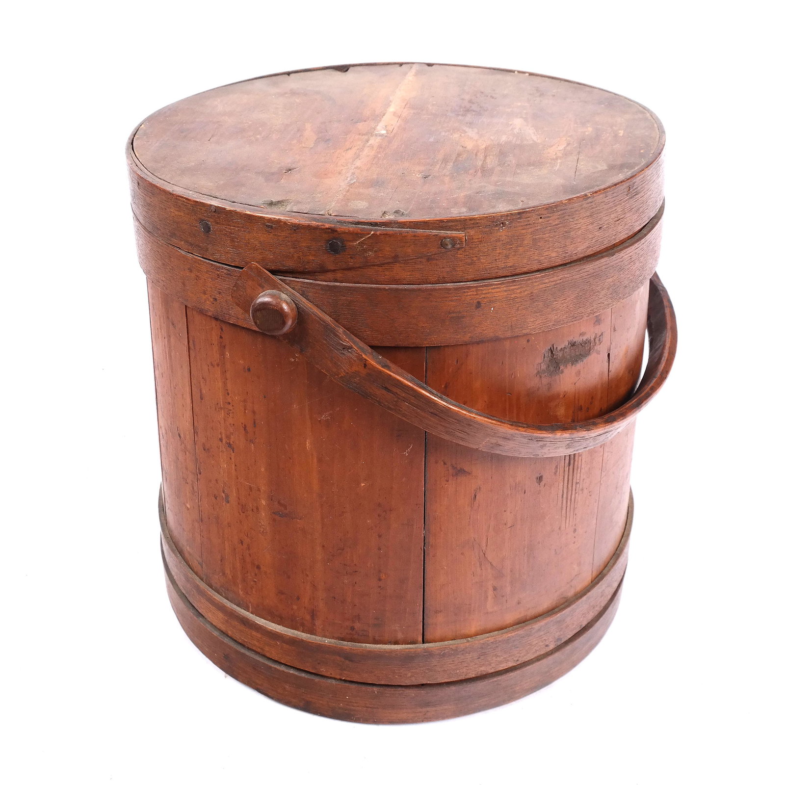 Antique American Covered Barrel: Round covered barrel, in Shaker manner with handle. [14" H x 14" Diam.].