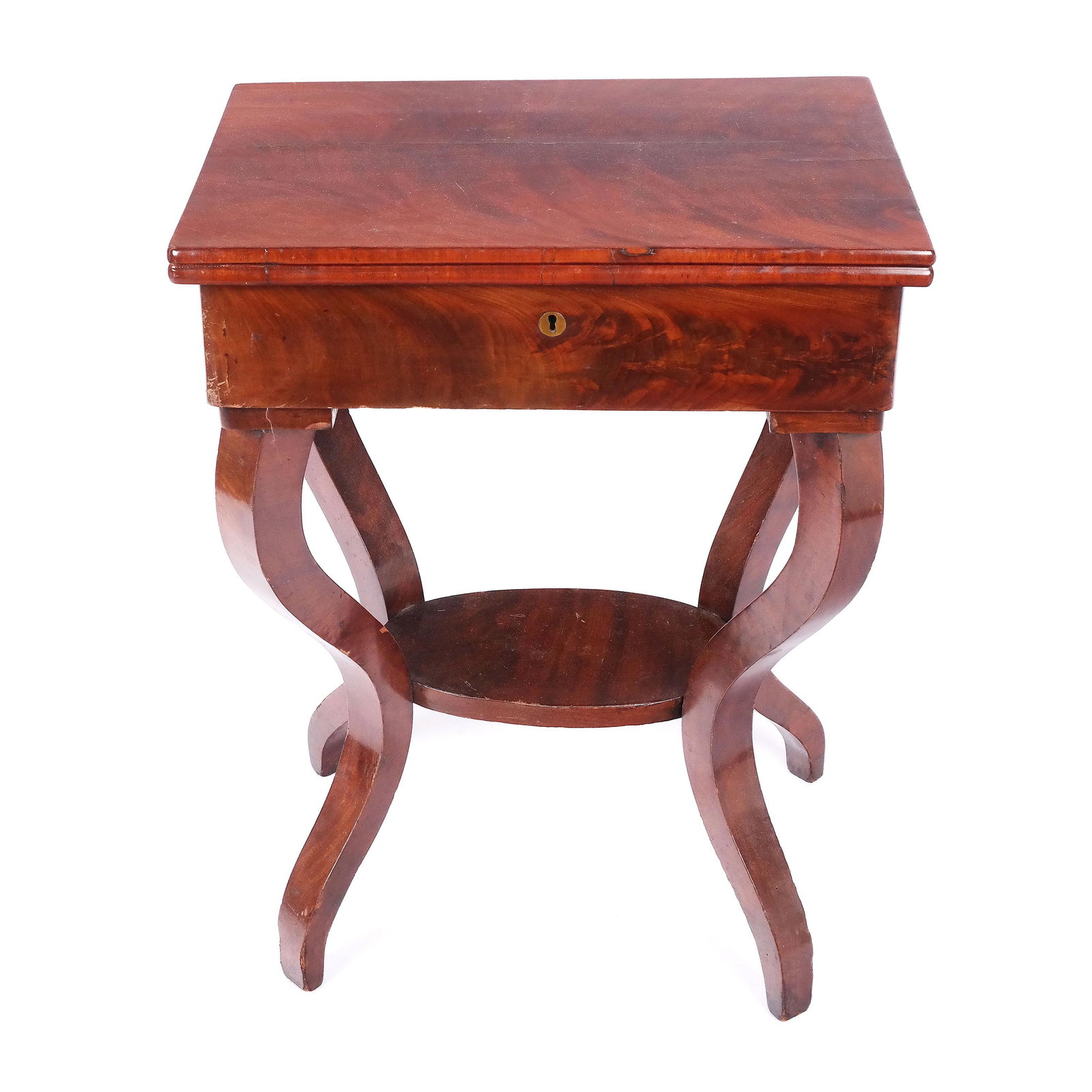 Antique American Sewing/Vanity Table: Antique American Empire mahogany lift top table, with mirror inset interior. [27" H x 20 1/2" W x 14" D]. Restored; wear.