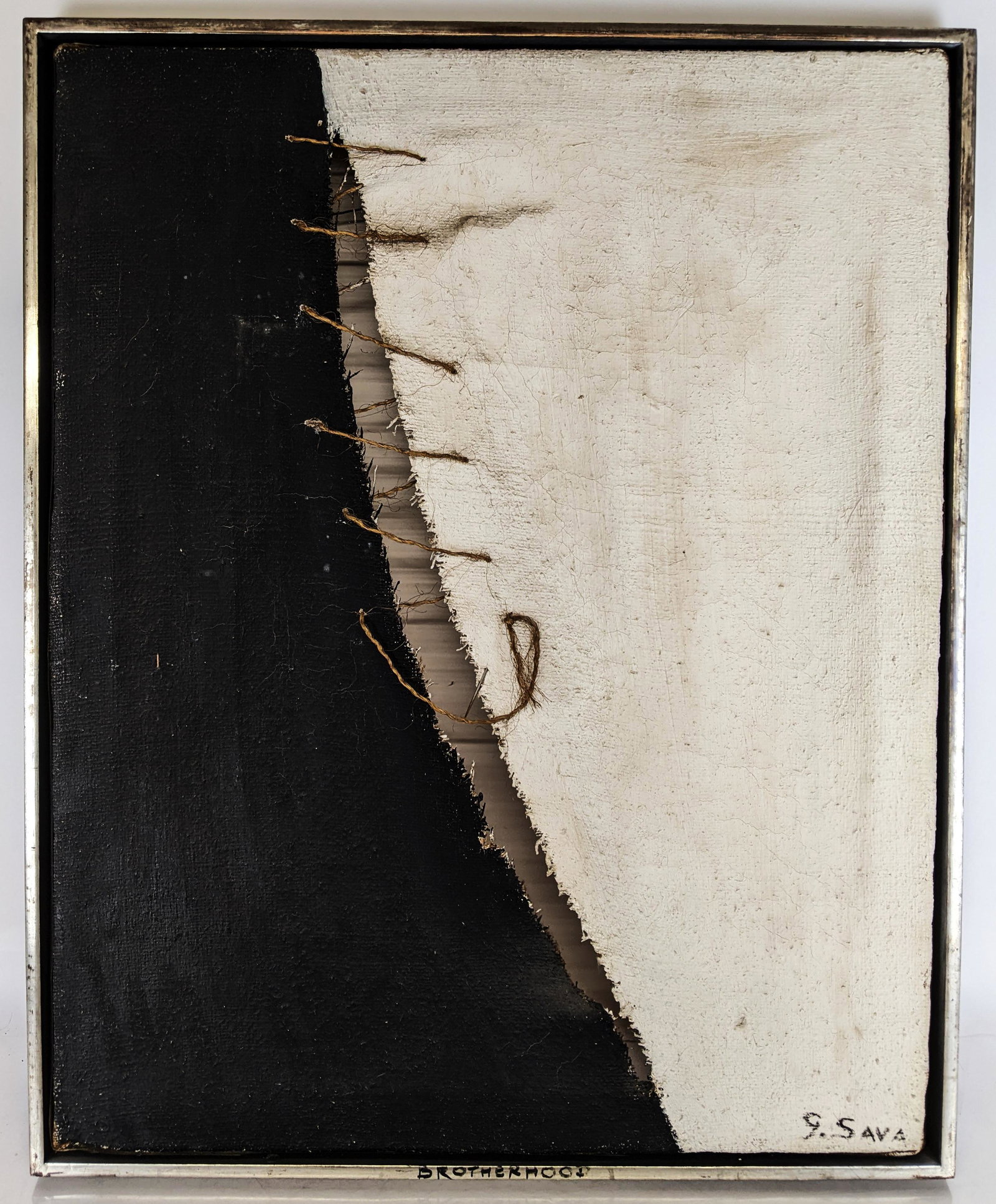 S. SAVA - Brotherhood - Oil Painting: Oil on burlap painting titled "Brotherhood", in black and white, by S. Sava. [Art: 25" H x 31 1/2" W; Frame: 24" H x 30 1/2" W]. In good condition.
