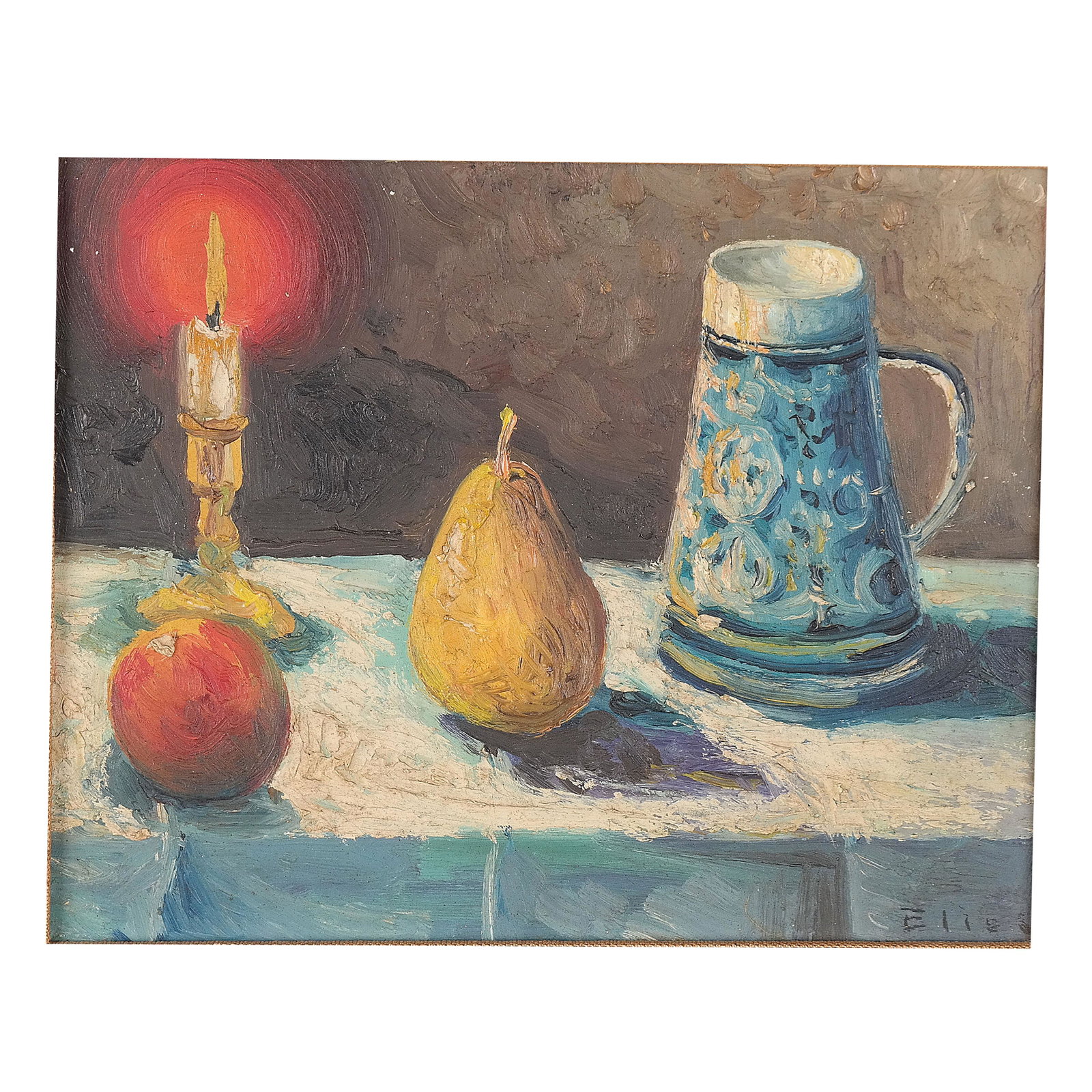Continental School: Still Life - Oil Painting: 20th century oil on canvas painting of a still life with fruit, signed lower right "Elie", in a parcel gilt frame, bearing a faded label to reverse. [Sight: 7 1/4" H x 9 1/4" W; Frame: 13 1/2" H x 15 