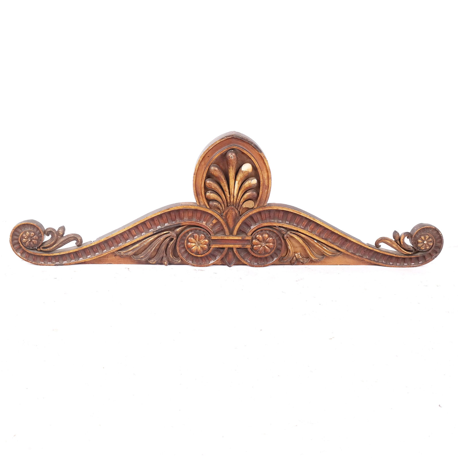 Wood Carved Valance/Cornice: Wood carved relief over door cornice/valance applique. [17" H x 54" W x 1 1/2" D]. Some losses.