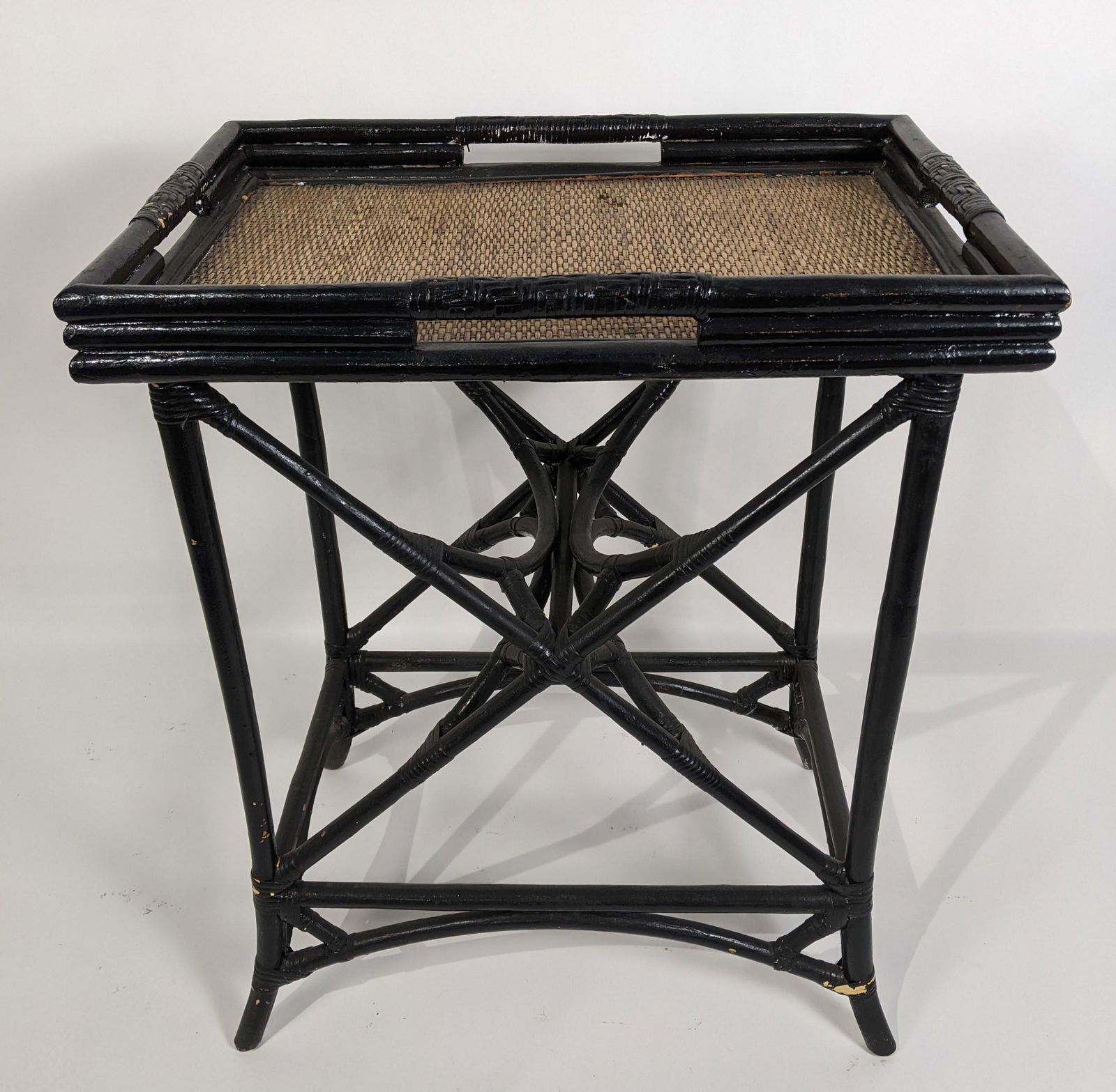 Bamboo-Style Black Lacquered Serving Table: Bamboo-style black lacquered two-handled serving table. [33" H x 27" W x 19" D]. In good condition.