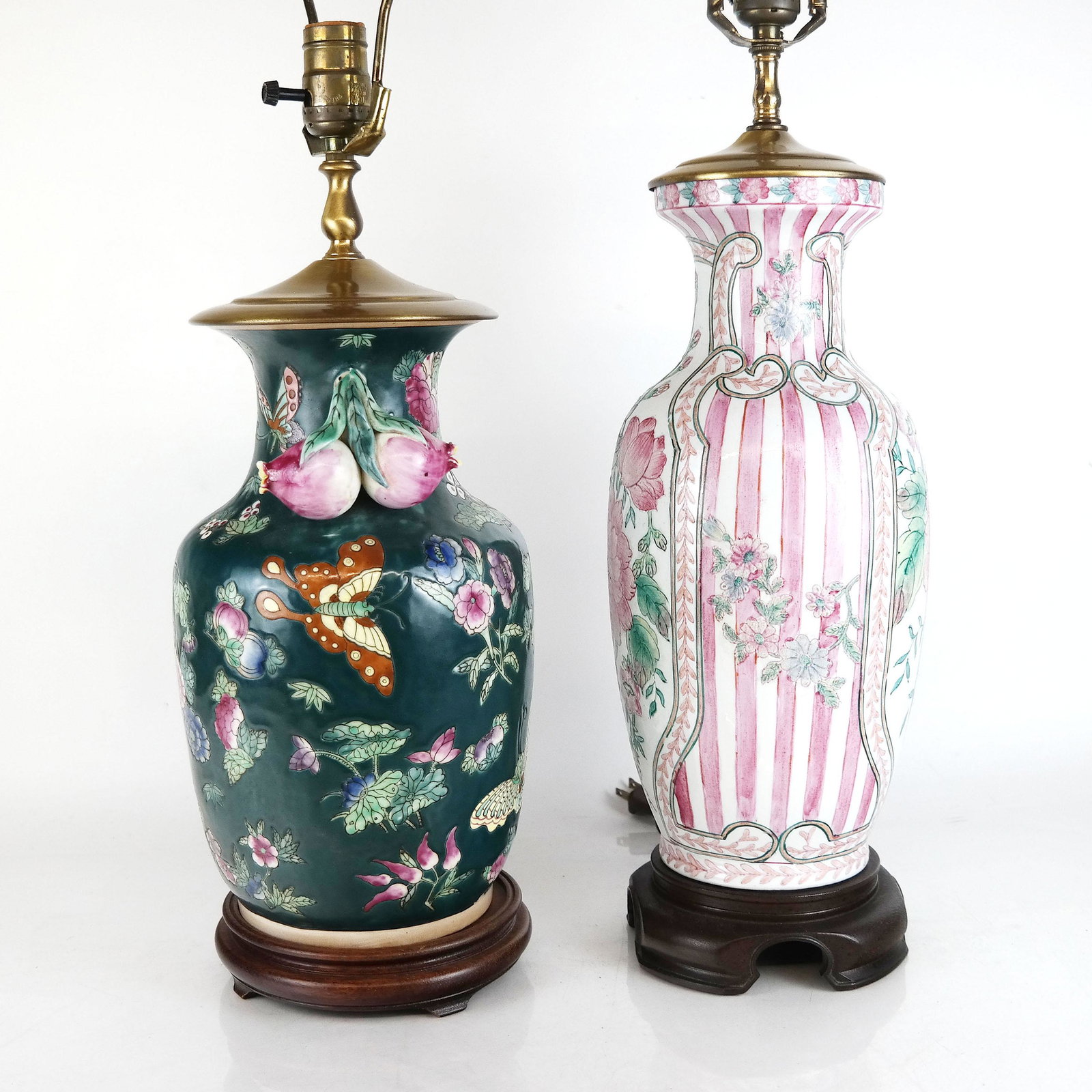 Two Chinese Porcelain Vase Lamps: Two Chinese porcelain vase lamps, including one pink floral, and one green with butterflies. [Larger vase: 14" H x 7" Diam.; Lamp: 32" H].